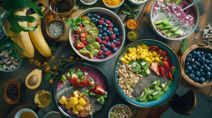 Fototapeta premium Nutritious breakfast spread featuring smoothie bowls and superfoods, with a focus on wholesome ingredients and vibrant presentation