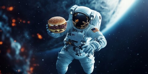 Astronaut Celebrates National Burger Day in Space, Enjoying Floating Burgers Amidst the Stars. A Fusion of Culinary Delights and Cosmic Exploration.