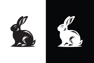 Black side silhouette of a rabbit isolated on white and black background.
