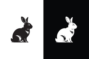 Black side silhouette of a rabbit isolated on white and black background.