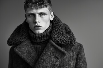 Obraz premium Black and white portrait of male model in coat and turtleneck
