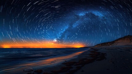 startrail captured from a beach on the Outer Cape Cod National Seashore, created in a single long exposure. The circular motion of the stars contrasts against the serene, dark ocean