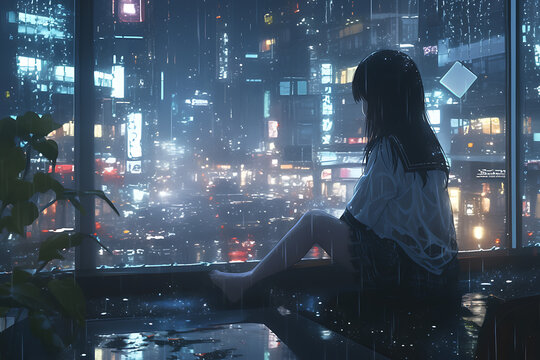 A girl gazes out at a rainy cityscape, where neon reflections on wet streets merge nostalgia with a futuristic ambiance.
