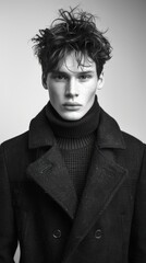 Obraz premium Black and white portrait of a male model wearing a dark coat in a studio