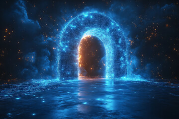 Open door icon with light shining through, designed in wireframe style on a dark blue background, symbolizing opportunity and new beginnings.

