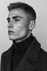 Fototapeta premium Black and white portrait of a male model wearing a turtleneck