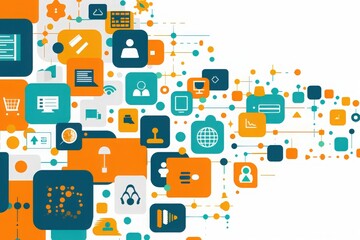 Fototapeta premium Colorful icons and symbols representing CRM concepts are arranged artistically against a clean, solid backdrop.