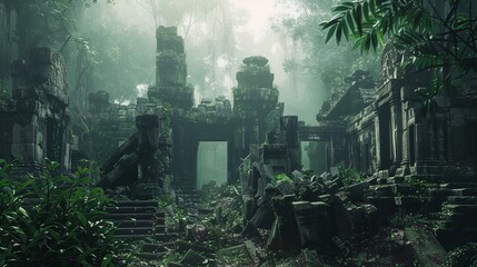 Ancient ruins in a dense jungle