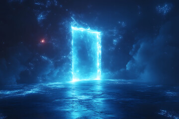 Fototapeta premium Open door icon with light shining through, designed in wireframe style on a dark blue background, symbolizing opportunity and new beginnings.