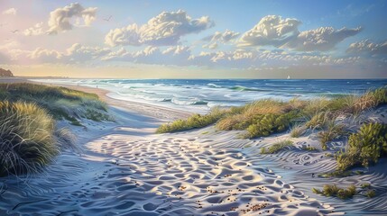 Pastel artwork of a serene beach scene