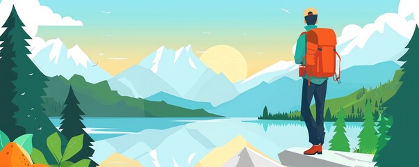 Fototapeta premium A serene landscape featuring a hiker with a backpack overlooking a mountain lake at sunrise, encapsulating adventure and tranquility.
