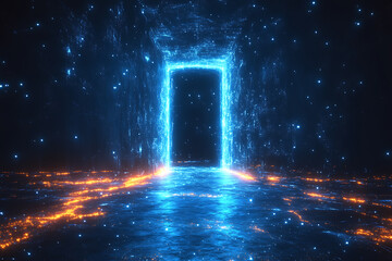 Open door icon with light shining through, designed in wireframe style on a dark blue background, symbolizing opportunity and new beginnings.

