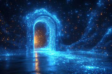 Open door icon with light shining through, designed in wireframe style on a dark blue background, symbolizing opportunity and new beginnings.

