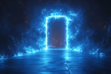 Open door icon with light shining through, designed in wireframe style on a dark blue background, symbolizing opportunity and new beginnings.

