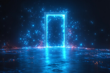 Open door icon with light shining through, designed in wireframe style on a dark blue background, symbolizing opportunity and new beginnings.

