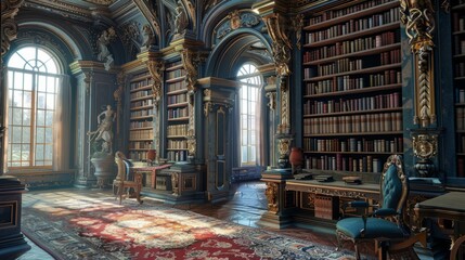 Renaissance library with anime-inspired decor