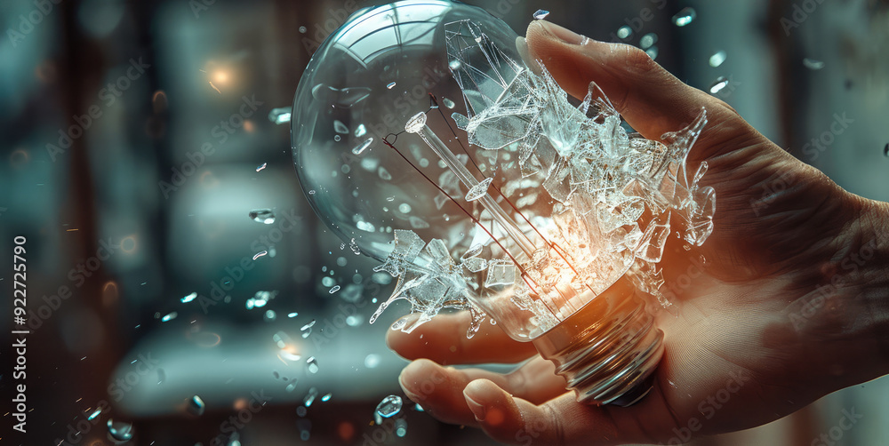 Poster a hand smashing a lightbulb, with glass fragments scattering. generative ai.