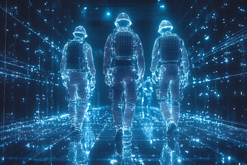 Two digital construction workers wearing holographic safety helmets, highlighting futuristic technology and augmented reality in engineering and construction.
