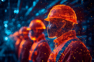 Two digital construction workers wearing holographic safety helmets, highlighting futuristic technology and augmented reality in engineering and construction.
