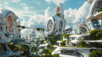 Architectural marvels of a futuristic city with cutting-edge buildings and green spaces integrated