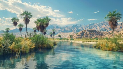 Obraz premium Serene desert oasis with palm trees