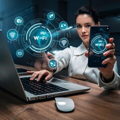 Woman Holding Smartphone with IT Icons: A Modern Technology Concept, Innovative IT Background: Woman with Smartphone Surrounded by Digital Icons, Technology in Action: Woman Holding Smartphone with IT