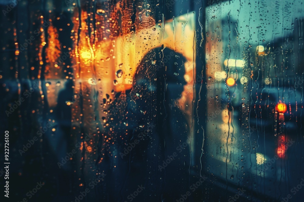 Poster a person stands in front of a window covered in rain, an atmospheric scene