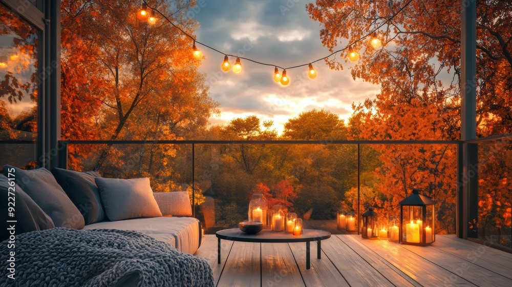 Canvas Prints A deck with a couch, table and lit candles on it, AI