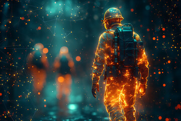 Two digital construction workers wearing holographic safety helmets, highlighting futuristic technology and augmented reality in engineering and construction.
