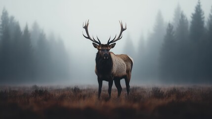 A stately elk stands amidst a misty forest landscape at dawn, evoking a sense of tranquility and grandeur with its massive antlers and calm demeanor.