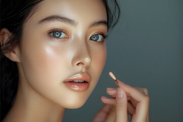 Obraz premium A woman applying a primer before makeup, focusing on creating a smooth base, luxury. Generative AI.