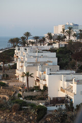 A serene village of whitewashed buildings with flat roofs, nestled among palm trees. The calm sea and soft lighting enhance the Mediterranean atmosphere.