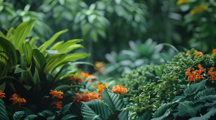 Fototapeta premium Close-up of lush green plants and intricate flower arrangements in a beautifully landscaped garden