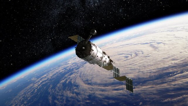 Space station deploys solar panels over planet Earth. 3d animation. 4k.