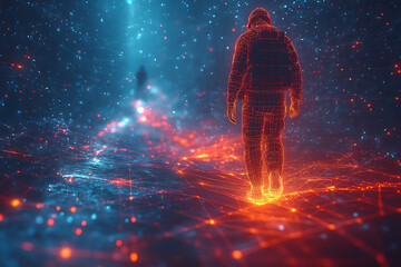 Wireframe silhouettes of workers formed by geometric lines and glowing dots, creating a modern and tech-inspired visual.

