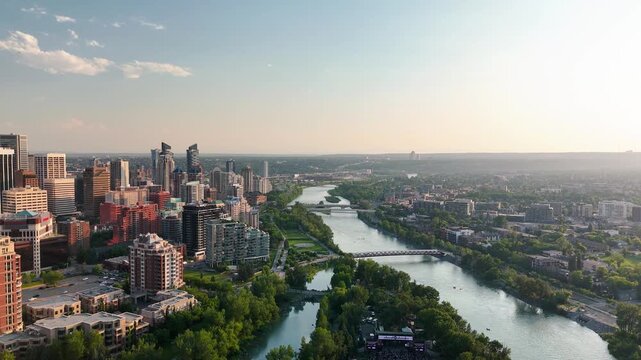 Aerial view of Calgary skyline on a beautiful summer sunset, Alberta - Canada