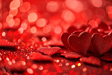 A cluster of shiny red hearts against a bokeh-filled red background. perfect for Valentine's Day, wedding, or anniversary projects.