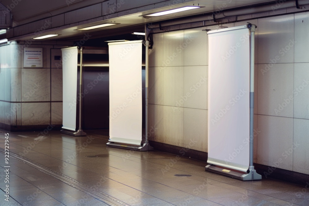 Poster a row of empty white signs in a subway station