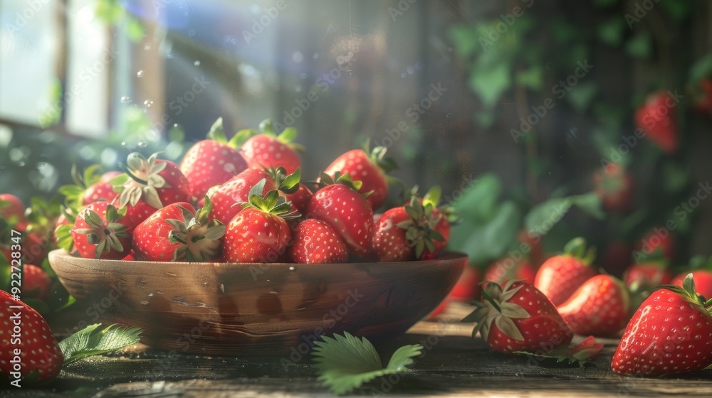 Wall mural Fresh summer strawberries beautifully arranged on a rustic table