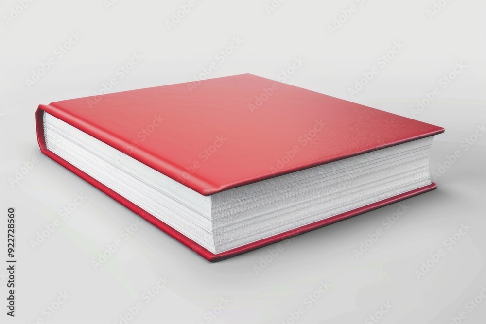 Poster a single red book sits on a clean white table, ideal for use in editorial or commercial contexts