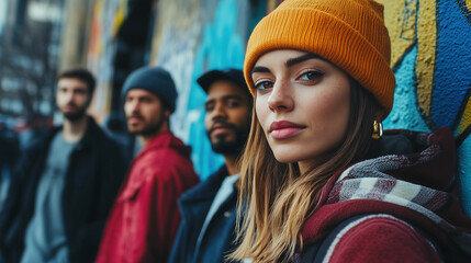 Urban Youth in Streetwear Posing Against Graffiti Wall - Group Portrait