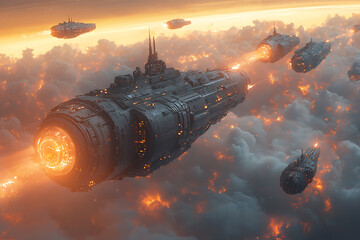 An armada of spaceships preparing for battle against the vast backdrop of endless space, evoking a sense of epic intergalactic warfare.

