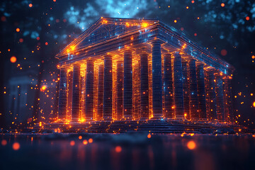 Naklejka premium Bank icon with a light shining through, designed in wireframe style on a dark blue background, representing financial security and stability.