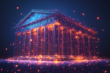 Naklejka premium Bank icon with a light shining through, designed in wireframe style on a dark blue background, representing financial security and stability.
