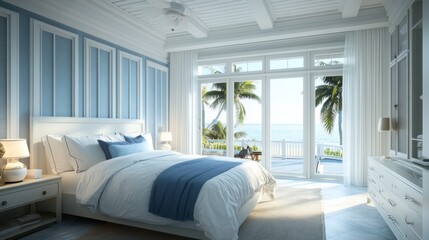 Naklejka premium A bedroom with a large bed and sliding glass doors to the ocean, AI