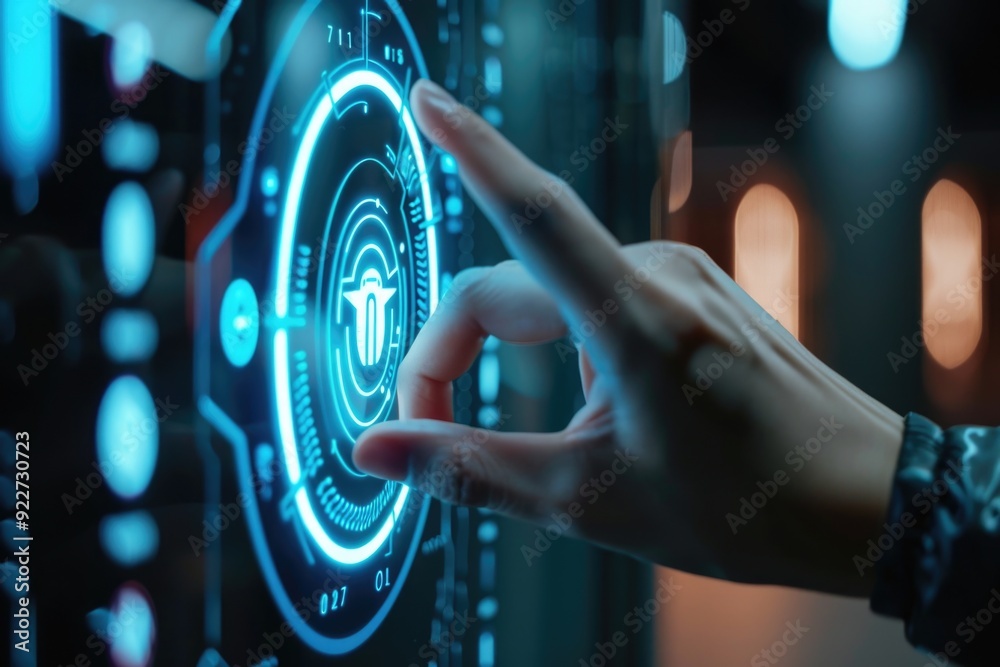 Poster a person's hand holding and pressing a button on a modern touchscreen device