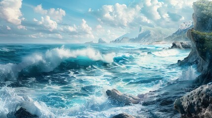 Majestic seascape with crashing waves against rugged coastline