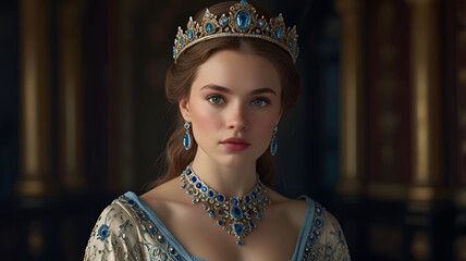 High-resolution, portrait-style image featuring a young woman with fair skin and long, light brown hair styled in loose waves. She is adorned in regal attire