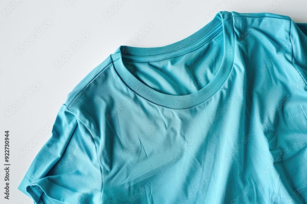 Poster a detailed view of a shirt lying flat on a white background, ideal for use in editorial and commerci
