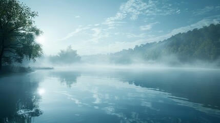 Fototapeta premium Morning fog rolling over a serene lake, with steam gently drifting above the still water